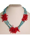 Rajola Necklace - Multistrand - Turquoise-Red Coral Fringes-54-494-3