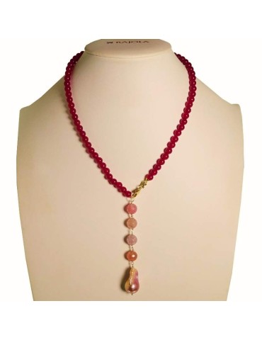 Collana Rajola-Argento 925% Dorato-Giada Bordeaux-Perla Rosè-45-470-5C