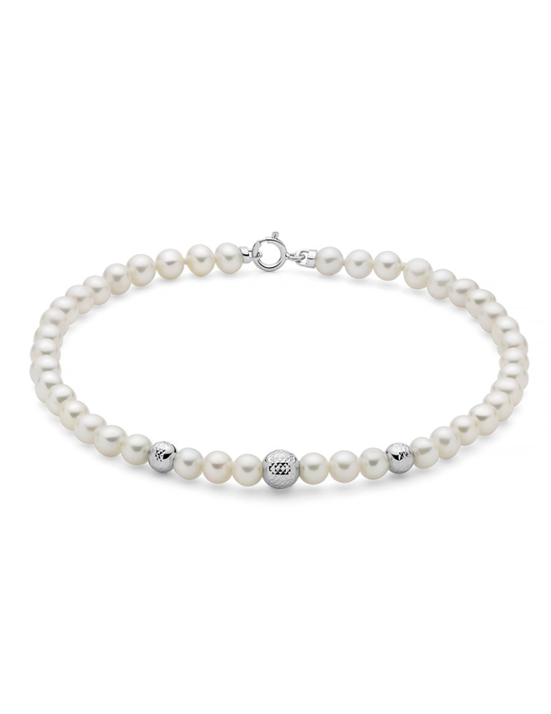 Bracciale Miluna - Boule e Fantasia con Perle Vere 4-4,5mm e Sfere in Oro Bianco 18 Carati - 0