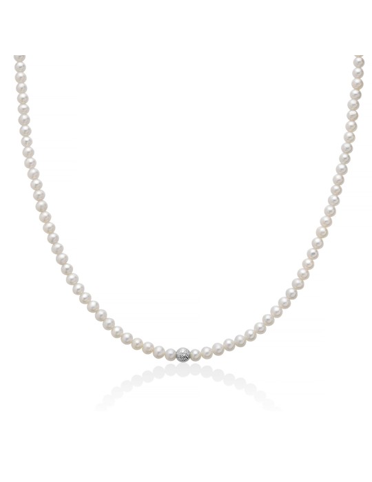 Collana Miluna - Boule e Fantasia con Perle Vere 4-4,5mm e Sfera in Oro Bianco 18 Carati - 0