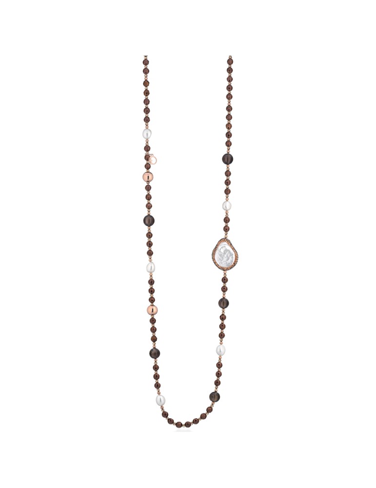 Collana Lelune Glamour-Argento 925% Rosato-Perle-Quarzo Fumè-LGNK780.3
