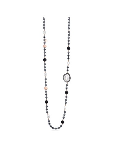 Collana Lelune Glamour - Argento 925% Rosato -Perle-Agata Nera-LGNK780
