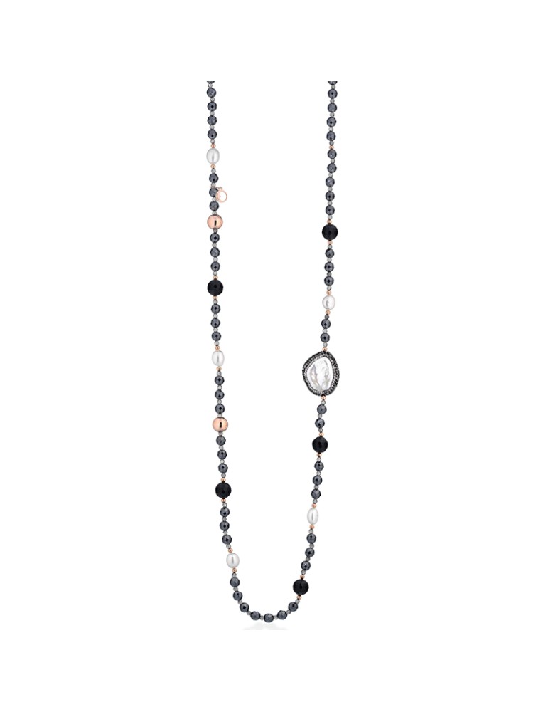 Collana Lelune Glamour - Argento 925% Rosato -Perle-Agata Nera-LGNK780