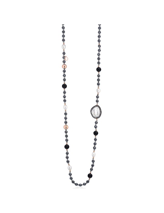 Collana Lelune Glamour - Argento 925% Rosato -Perle-Agata Nera-LGNK780