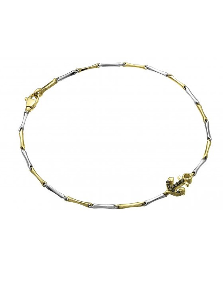 Chimento Bamboo Shine Bracelet in Two-Tone Gold with Anchor and Black Diamonds - 19 cm - 0