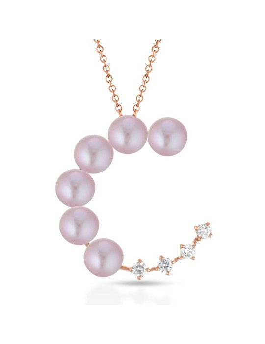 Collana Coscia - in Oro Rosa 18 Carati con Perle Rosa 4,5 - 5 mm e Diamanti 0,10 Ct - 0