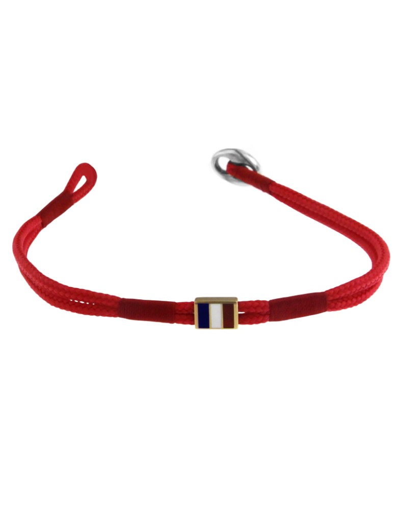 Giovepluvio Bracelet - in Red Cord and French Nautical Flag in 18K Yellow Gold - 0