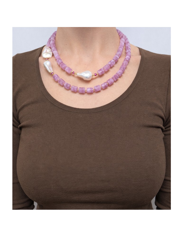 Collana Giadan-Argento 925% Dorato-Quarzo Rosa-Perle Barocche-GIADAN79