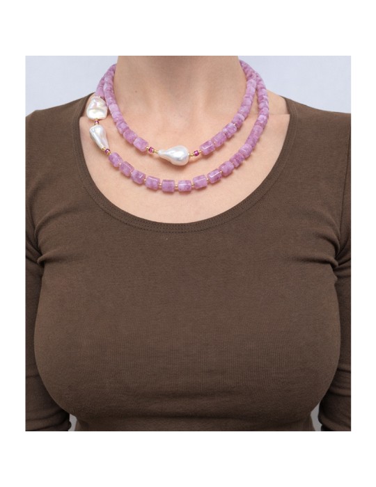 Collana Giadan-Argento 925% Dorato-Quarzo Rosa-Perle Barocche-GIADAN79