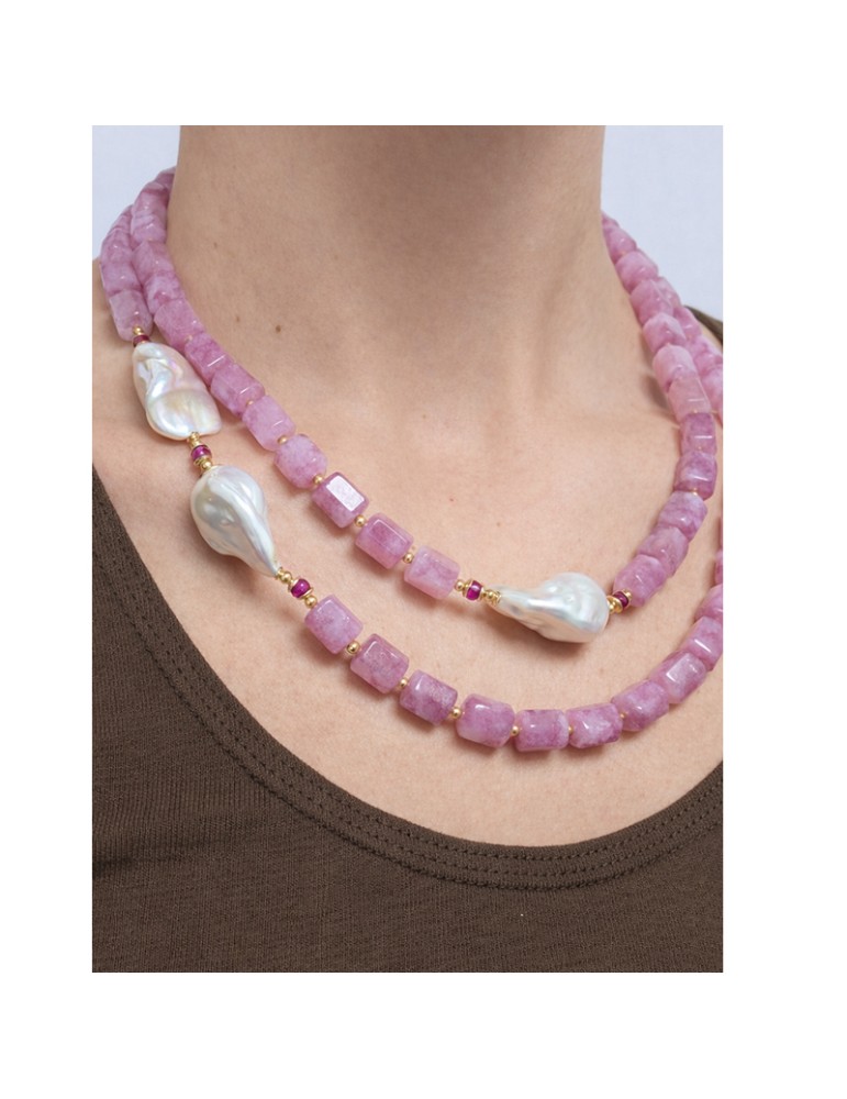 Collana Giadan-Argento 925% Dorato-Quarzo Rosa-Perle Barocche-GIADAN79