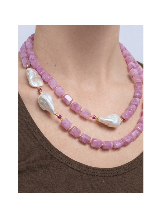 Collana Giadan-Argento 925% Dorato-Quarzo Rosa-Perle Barocche-GIADAN79