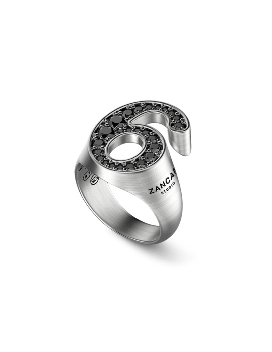 Zancan Ring - 925% Silver Studio Number 6 with Black Stones - Size 23 - 0