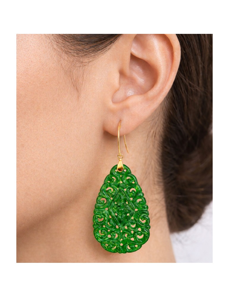 Asako Earrings - Pendants - 925% Silver Gold-Green Jade-ASAKOA329