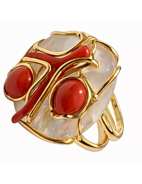 Anello Asako -Argento 925% Dorato - Madreperla-Corallo Rosso-ASAKOA382