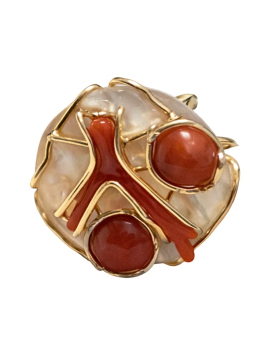 Anello Asako -Argento 925% Dorato - Madreperla-Corallo Rosso-ASAKOA382