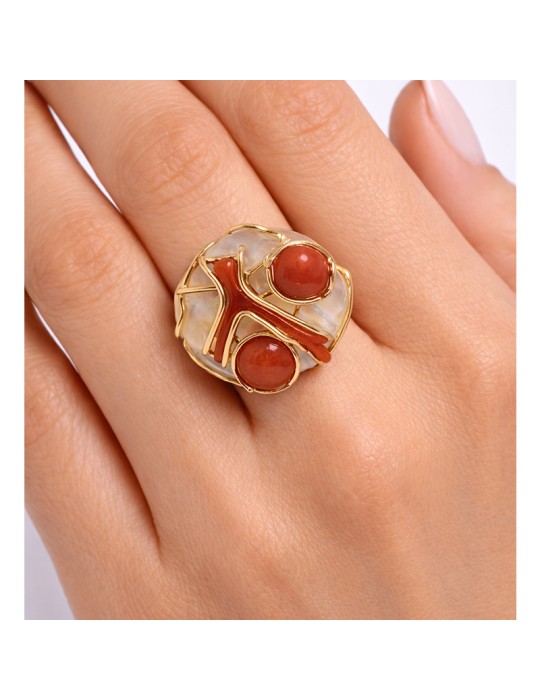 Anello Asako -Argento 925% Dorato - Madreperla-Corallo Rosso-ASAKOA382