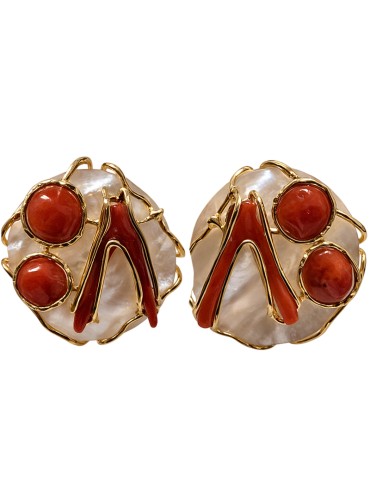 Orecchini Asako-Argento 925% Dorato-Madreperla-Corallo Rosso-ASAKOA384