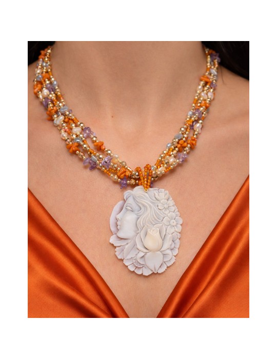 Asako Necklace - 925% Gold Plated Silver - Corals - Cameo - ASAKO16CM