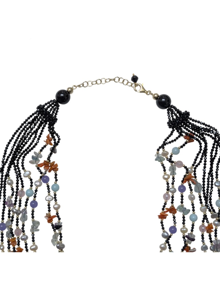 Asako Necklace - 925% Silver - Onyx - Corals - Pearls - ASAKO87K5