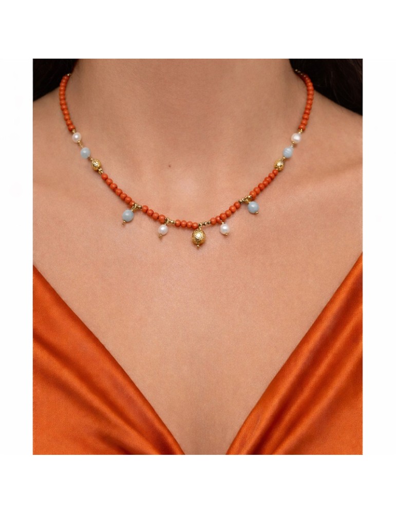 Asako Necklace-Choker-Silver 925% Gold-Coral-Pearls-ASAKO46CT7A