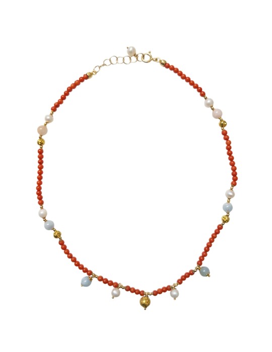 Asako Necklace-Choker-Silver 925% Gold-Coral-Pearls-ASAKO46CT7A