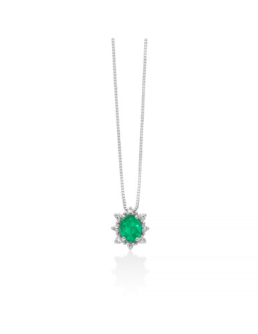 Miluna Necklace - in 18-karat White Gold with Oval Emerald Pendant and Natural Diamonds - 0