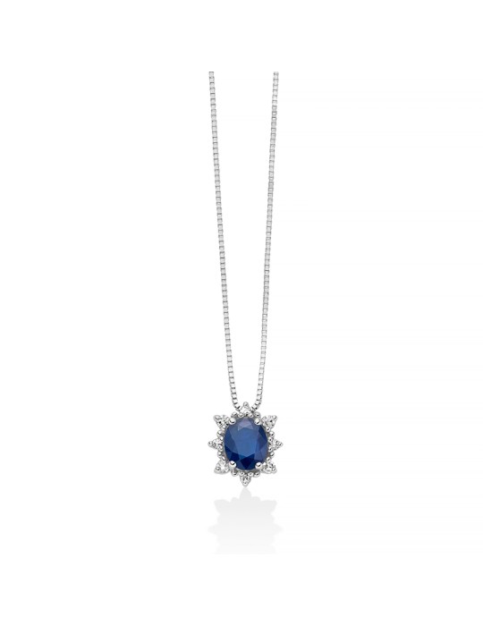 Miluna Necklace - in 18-karat White Gold with Oval Sapphire Pendant and Natural Diamonds - 0