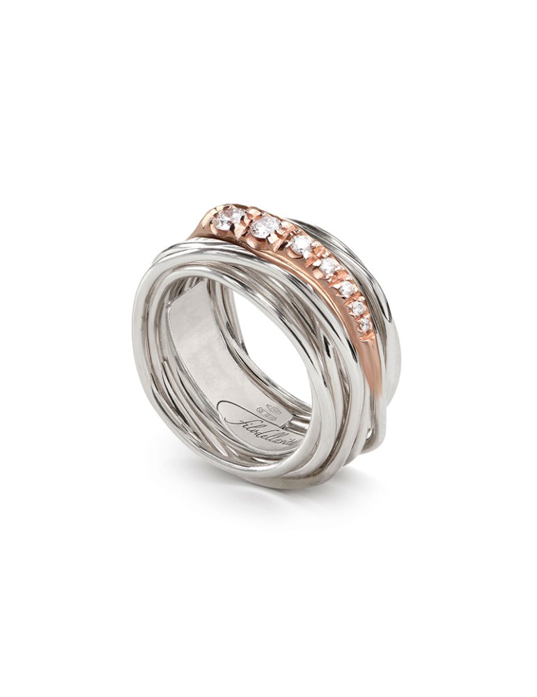 Rubinia Ring - Filodellavita Classic 13 Strands in 925% Silver Gradient Rivers in 9kt Rose Gold and Natural Diamonds - 0