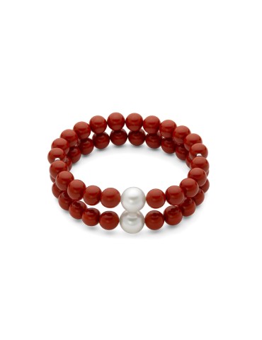 Bracciale Miluna - Terra e Mare con Perle 9,5 - 10 mm ed Agglomerato di Corallo Rosso 8 mm - 0