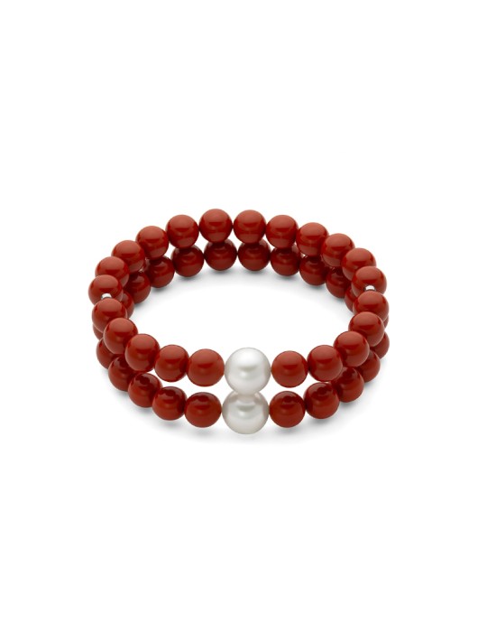 Miluna Bracelet - Terra e Mare with 9.5 - 10 mm Pearls and 8 mm Red Coral Cluster - 0