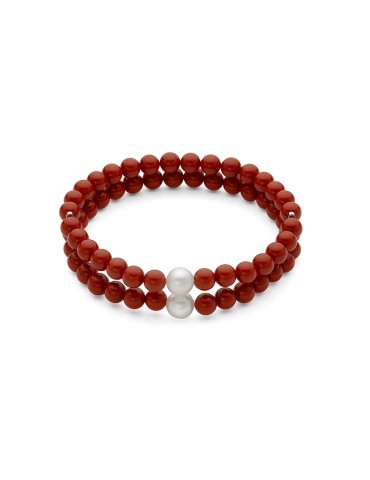 Bracciale Miluna - Terra e Mare con Perle 7,5 - 8 mm ed Agglomerato di Corallo Rosso 6 mm - 0