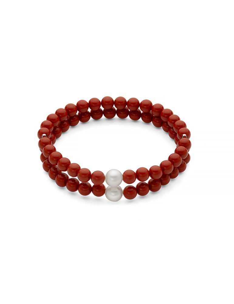 Bracciale Miluna - Terra e Mare con Perle 7,5 - 8 mm ed Agglomerato di Corallo Rosso 6 mm - 0