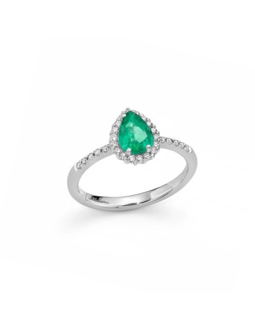 Miluna Ring - in 18-karat White Gold with a Drop-Shaped Emerald and Natural Diamonds - 0