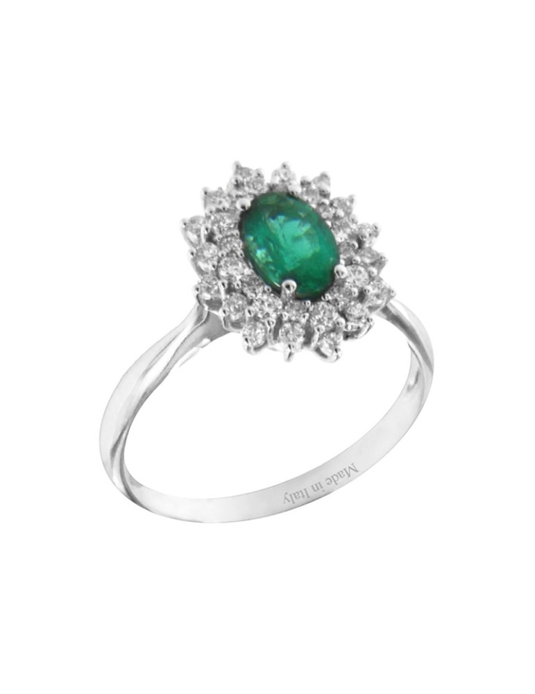 Davite&Delucchi Ring - 18K White Gold Rosette with Natural Diamonds and 0.45ct Emerald - 0