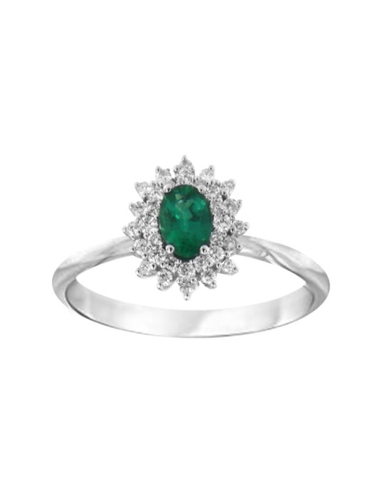 Davite&Delucchi Ring - 18K White Gold Rosette with Natural Diamonds and 0.45ct Emerald - 0