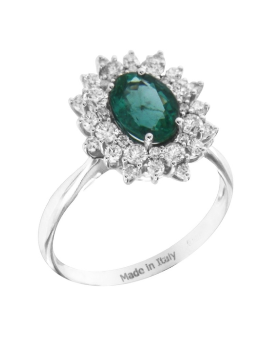 Davite&Delucchi Ring - 18K White Gold Rosette with Natural Diamonds and 0.75ct Emerald - 0