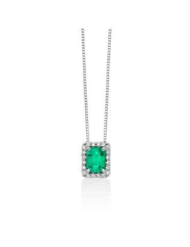 Miluna Necklace - in 18-karat White Gold with Rectangular Emerald Pendant and Natural Diamonds - 0