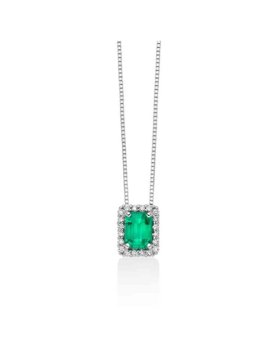 Collana Miluna - in Oro Bianco 18 carati con Pendente Smeraldo Rettangolare e Diamanti Naturali - 0