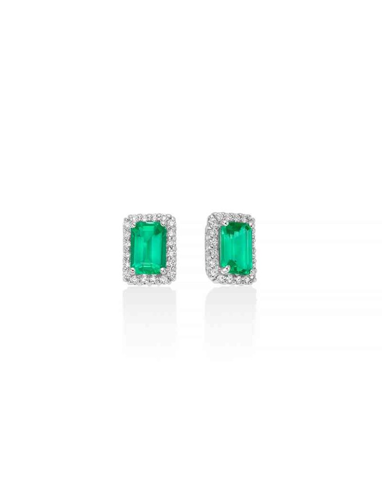Miluna Earrings - in 18-karat White Gold with Rectangular Emeralds and Natural Diamonds - 0