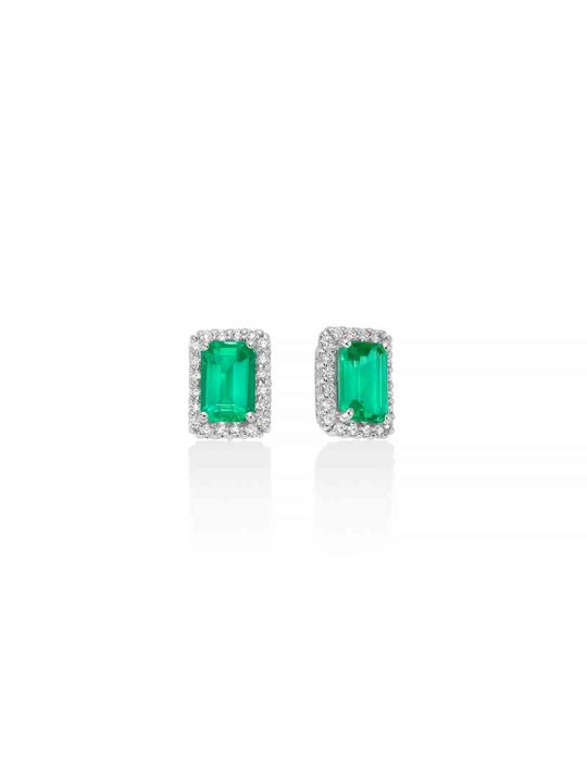 Miluna Earrings - in 18-karat White Gold with Rectangular Emeralds and Natural Diamonds - 0