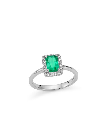 Anello Miluna - in Oro Bianco 18 carati con Smeraldo Rettangolare e Diamanti Naturali - 0