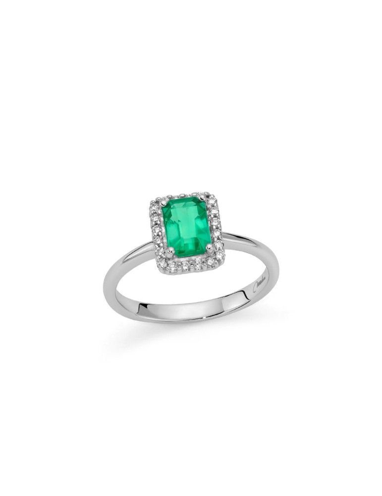 Miluna Ring - in 18-karat White Gold with Rectangular Emerald and Natural Diamonds - 0