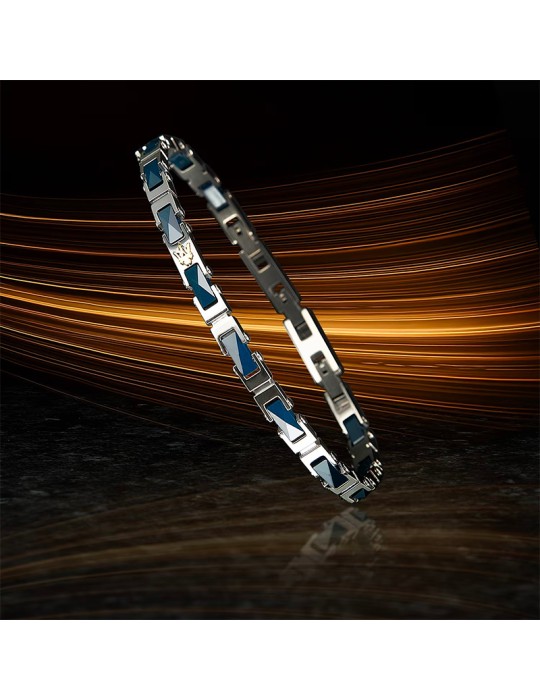 Maserati Bracelet - Ceramic in 316L Steel with Silver Links and Blue Inserts - 0