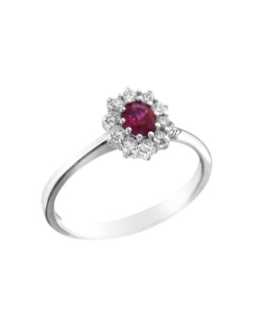 Davite&Delucchi Ring - 18K White Gold Rosette with Natural Diamonds and 0.35ct Ruby - 0