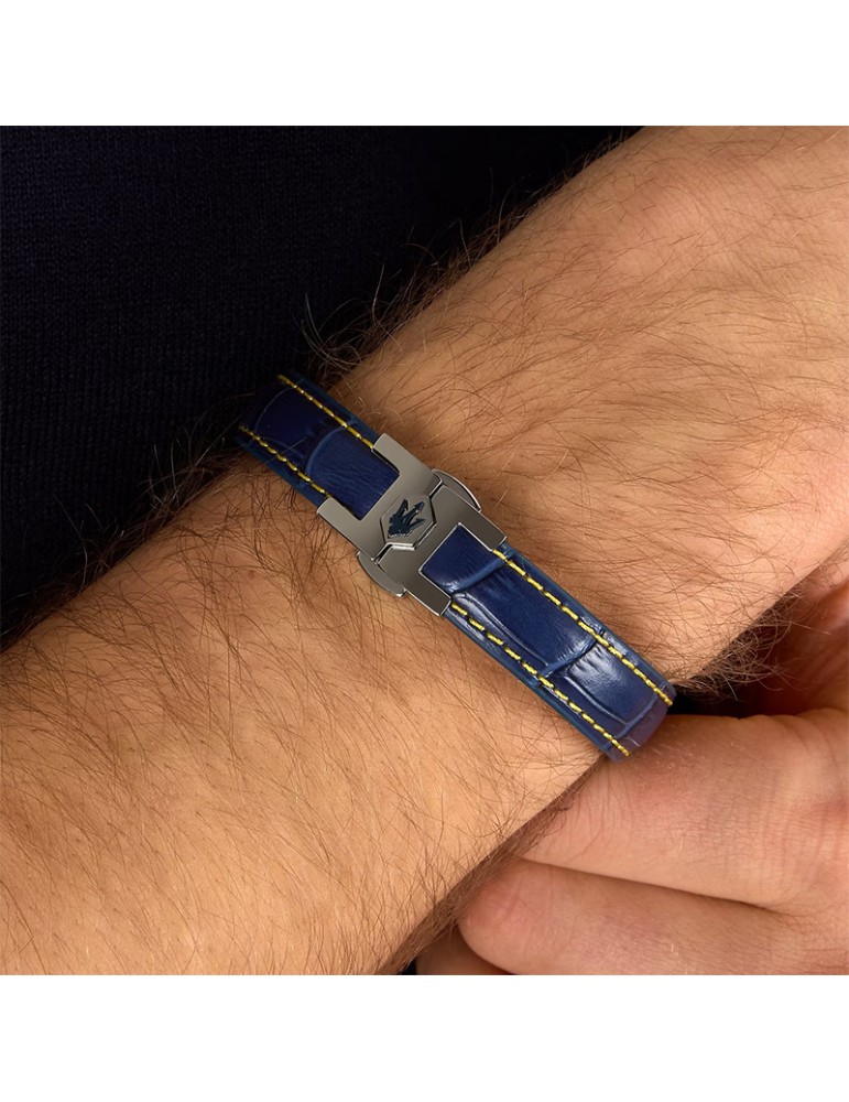 Maserati Bracelet - Blue Leather - Yellow Stitching - JM2269LA02
