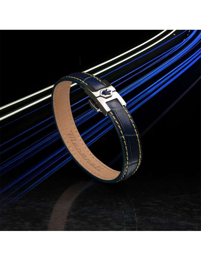 Maserati Bracelet - Blue Leather - Yellow Stitching - JM2269LA02