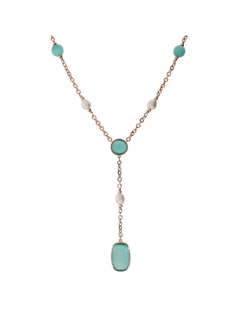 Bronzallure Necklace -Green Stones-Cat's Eye-Pearls-WSBZ02629.AQCE