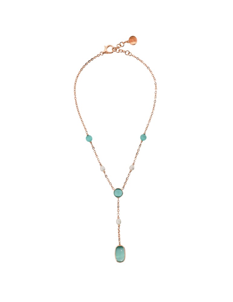 Bronzallure Necklace -Green Stones-Cat's Eye-Pearls-WSBZ02629.AQCE