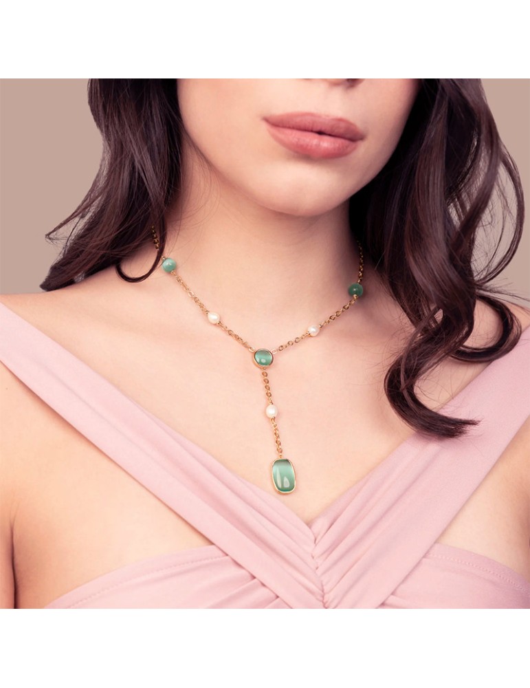 Collana Bronzallure -Pietre Verdi-Occhio di Gatto-Perle-WSBZ02629.AQCE