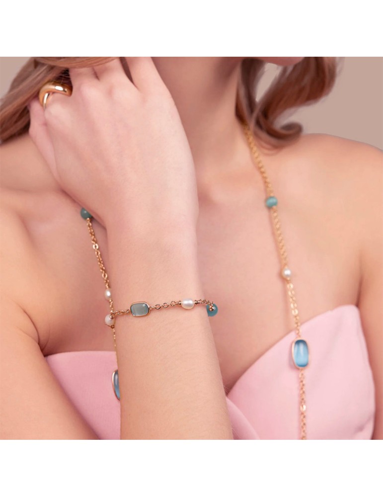 Bronzallure Bracelet-Cat's Eye Blue Stones-Pearls-WSBZ02632.LBCE